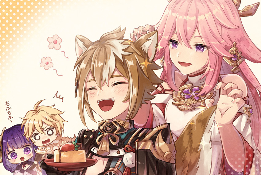 raiden shogun, aether, yae miko, and gorou (genshin impact) drawn by su34ma