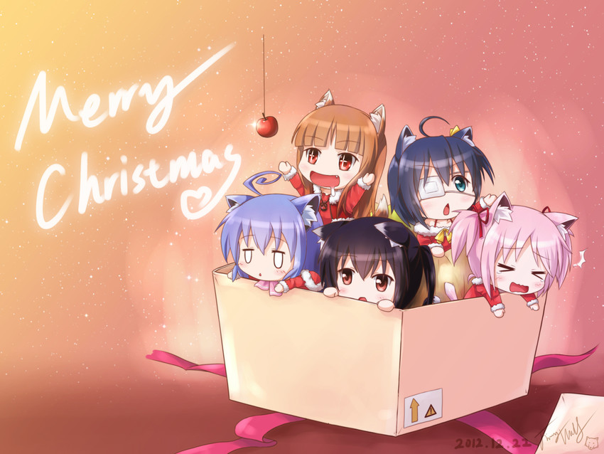 kaname madoka, nakano azusa, holo, takanashi rikka, and miniwa tsumiki (mahou shoujo madoka magica and 4 more) drawn by langbazi