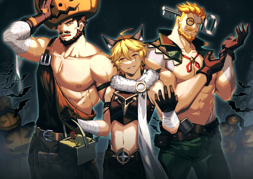 aether, frankenstein's monster, wagner, and cyrus (genshin impact) drawn by zhuganchangjiadan