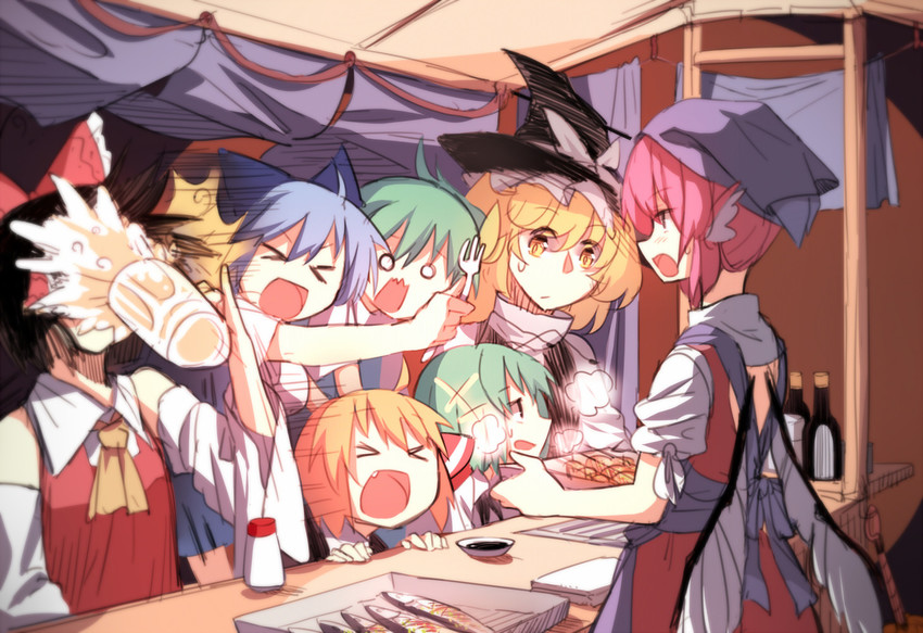 hakurei reimu, kirisame marisa, cirno, rumia, mystia lorelei, and 3 more (touhou) drawn by sh_(shinh)