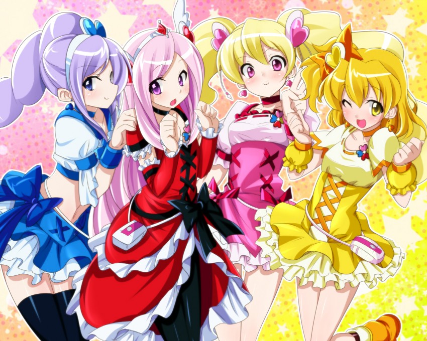 higashi setsuna, momozono love, cure peach, yamabuki inori, aono miki, and 3 more (precure and 1 more) drawn by mtu_(orewamuzituda)