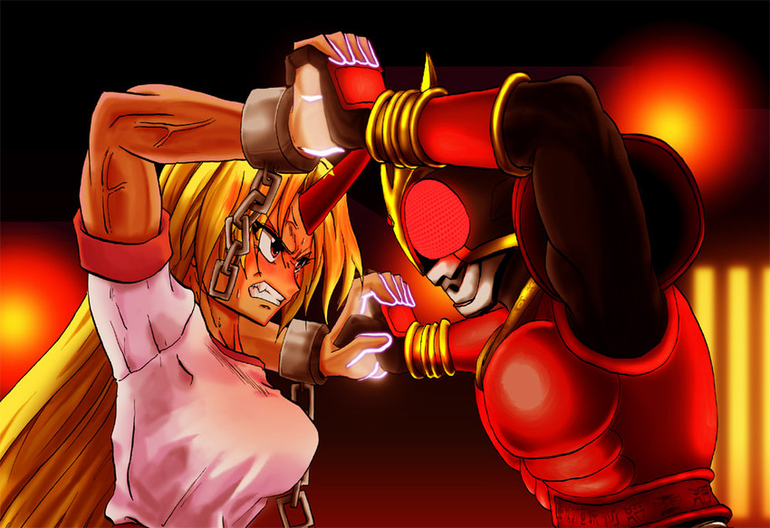 hoshiguma yuugi and kamen rider kuuga (touhou and 2 more) drawn by kamishima_kanon