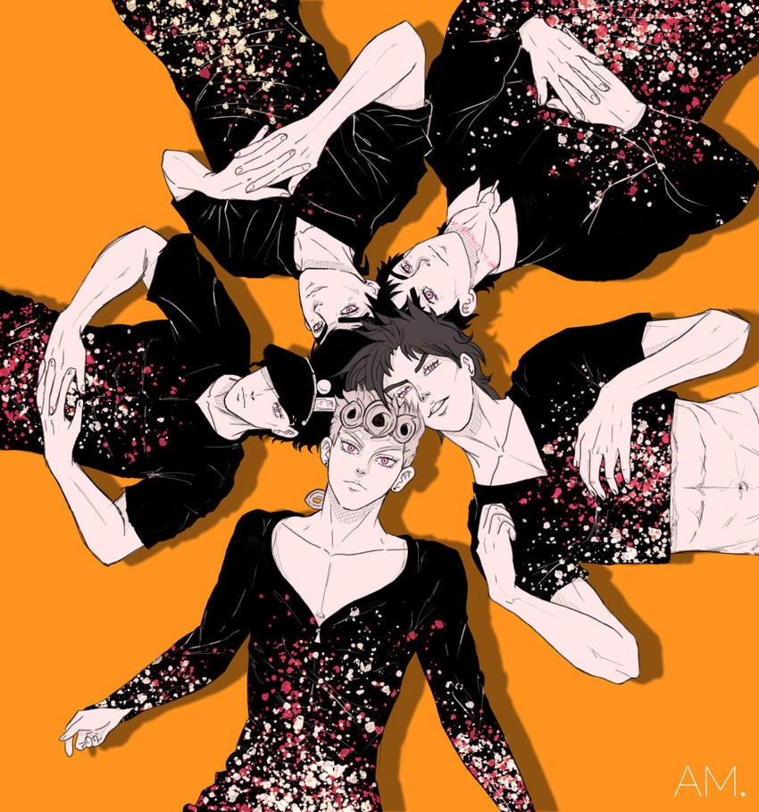 joseph joestar, kujo jotaro, giorno giovanna, jonathan joestar, and higashikata josuke (jojo no kimyou na bouken and 2 more) drawn by amyenah