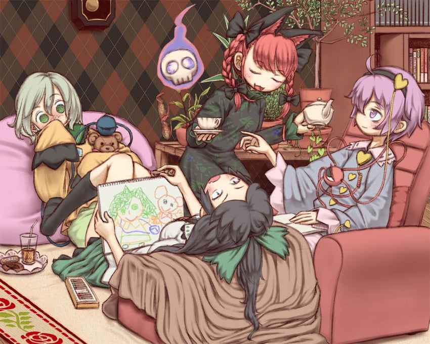 komeiji koishi, komeiji satori, kaenbyou rin, and reiuji utsuho (touhou and 1 more) drawn by fmn_(artist)