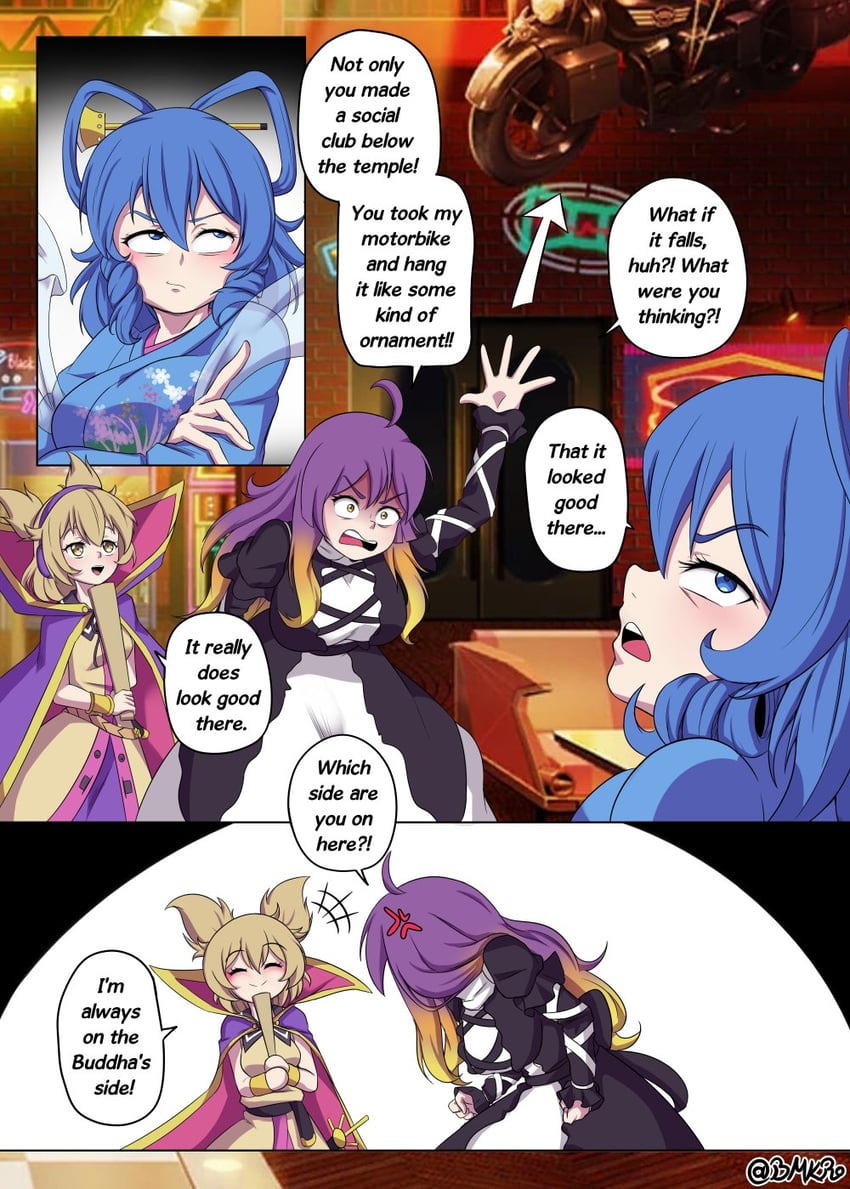 hijiri byakuren, toyosatomimi no miko, and kaku seiga (touhou and 1 more) drawn by bmkro