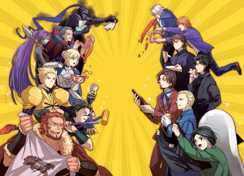 artoria pendragon, saber, gilgamesh, kotomine kirei, waver velvet, and 11 more (fate and 2 more) drawn by pinki_(shounenkakuseiya)