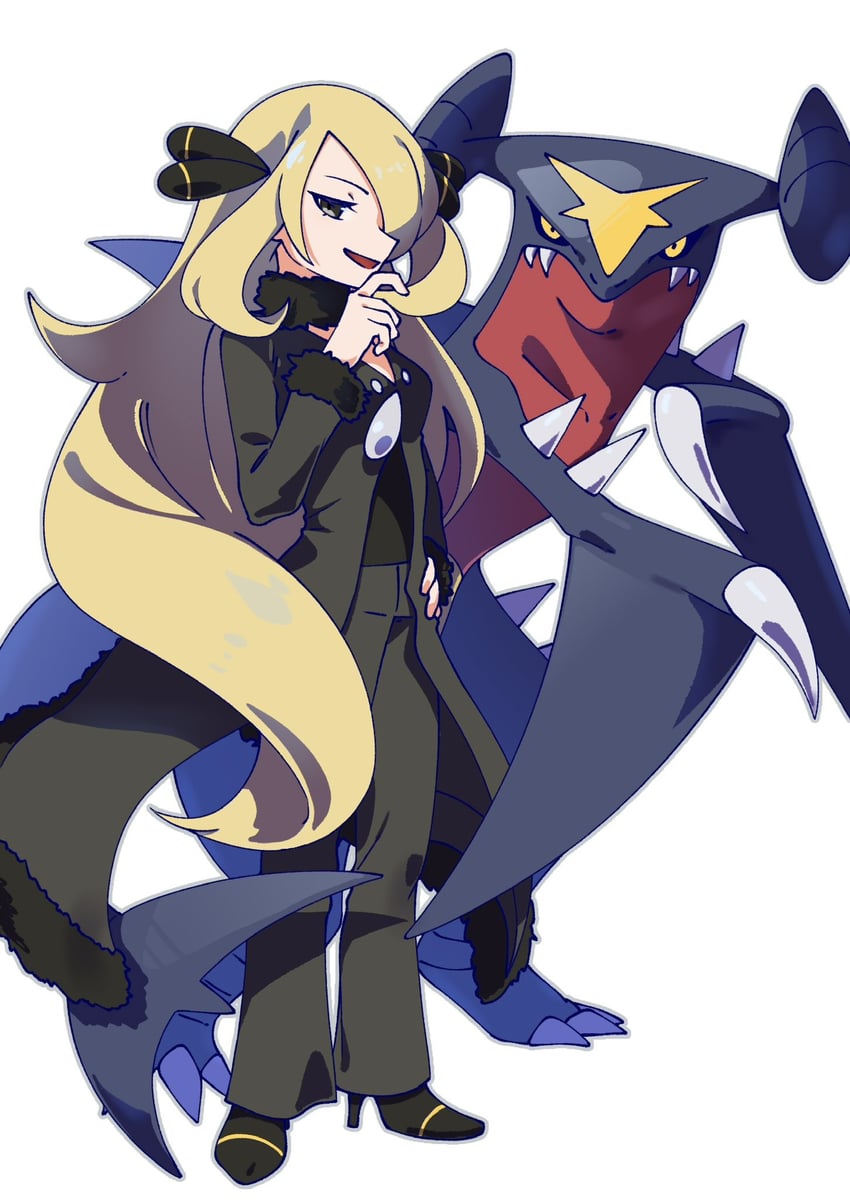 cynthia and garchomp (pokemon and 1 more) drawn by omochi_(omotimotittona3)