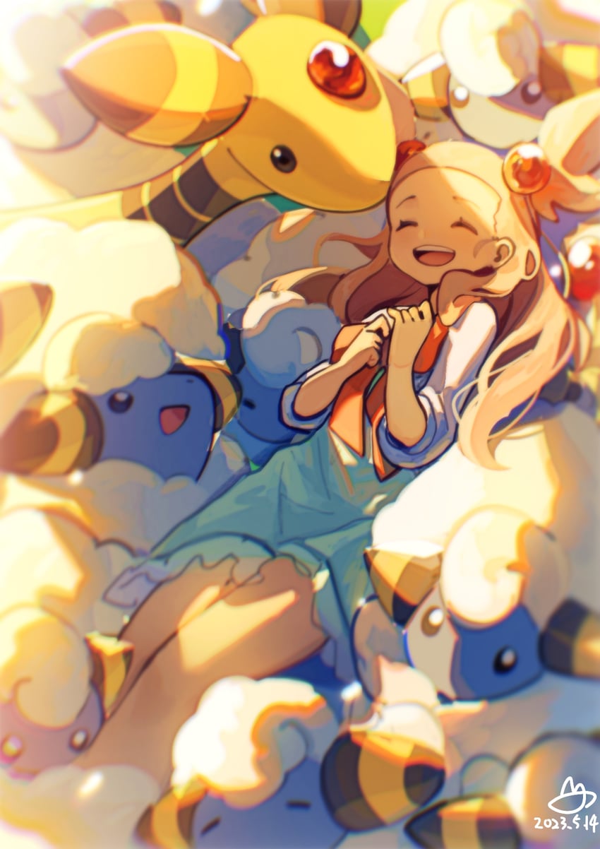 jasmine, ampharos, and mareep (pokemon and 1 more) drawn by lanter_qwq
