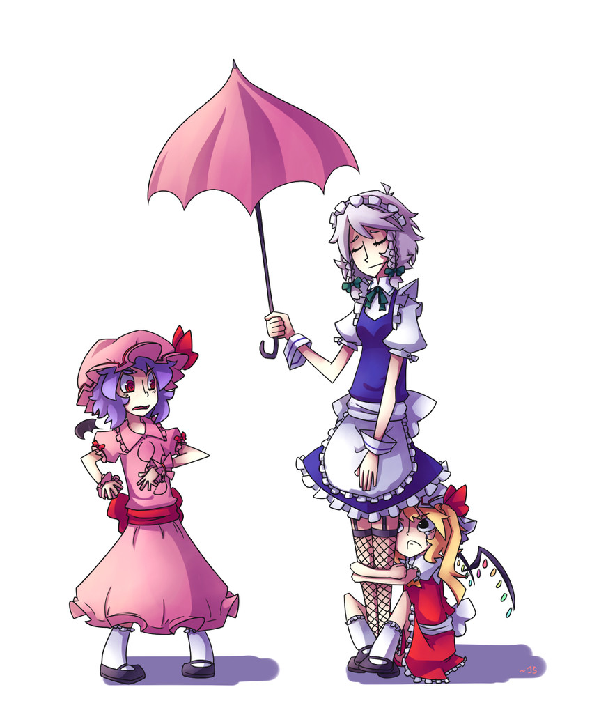 remilia scarlet, flandre scarlet, and izayoi sakuya (touhou) drawn by daigada