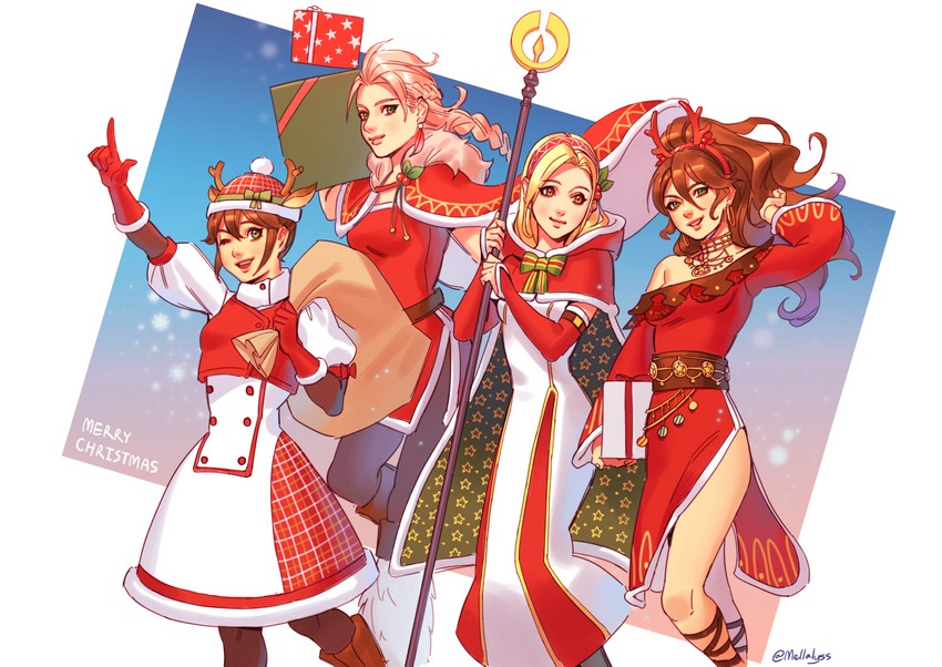 tressa colzione, ophilia clement, primrose azelhart, and h'aanit (octopath traveler and 1 more) drawn by mella