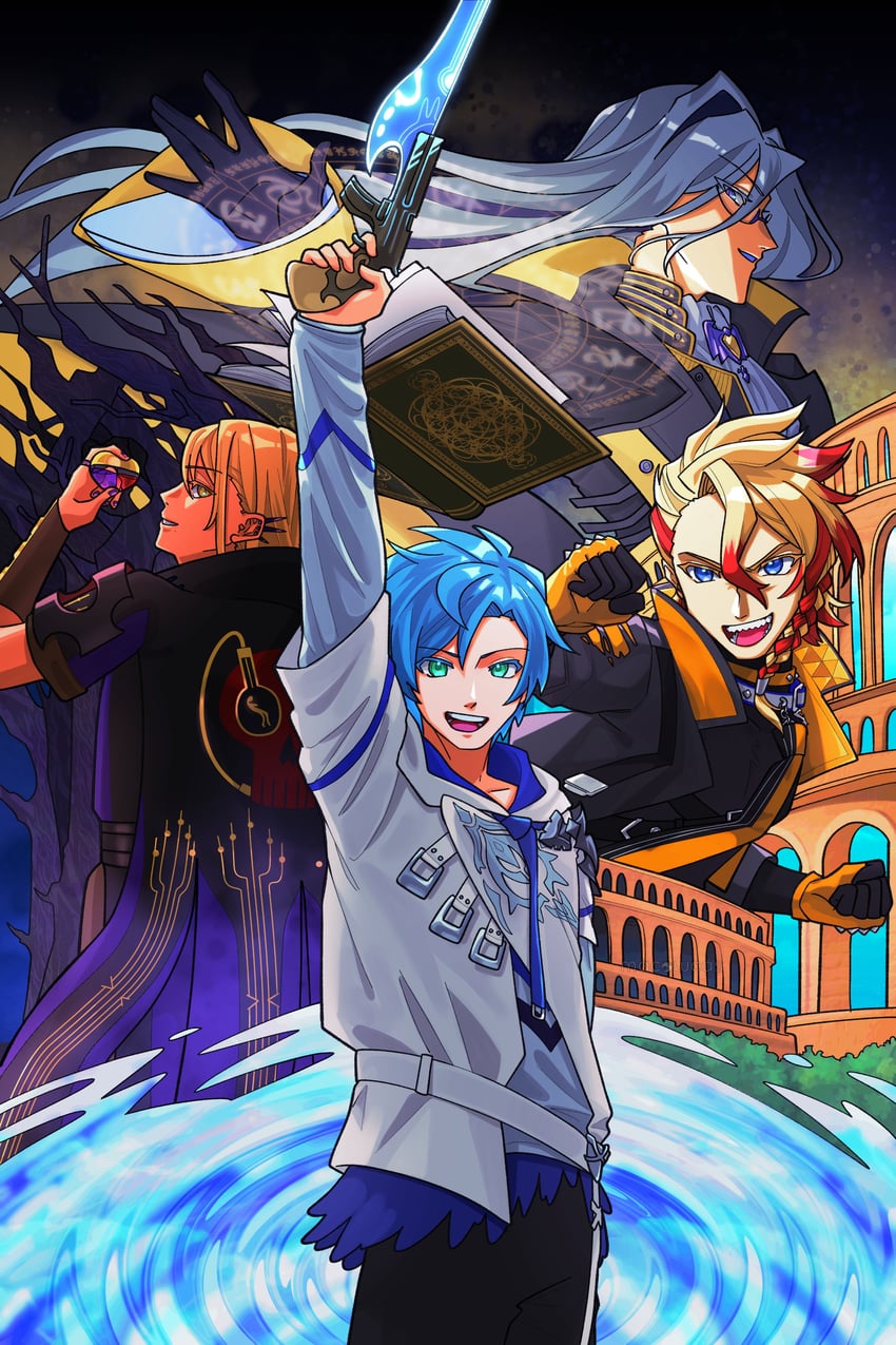 regis altare, axel syrios, magni dezmond, and noir vesper (holostars and 1 more) drawn by macowcas