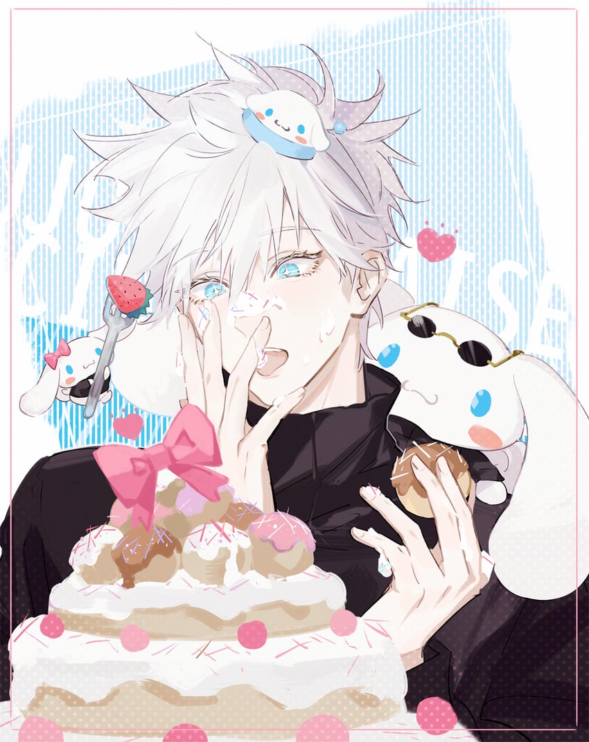 gojou satoru and cinnamoroll (jujutsu kaisen and 2 more) drawn by qinnye