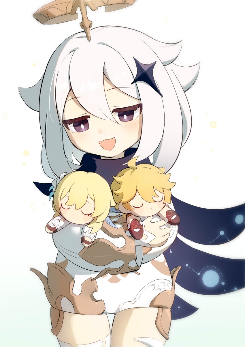 lumine, aether, and paimon (genshin impact) drawn by shao_(shaorouhong)