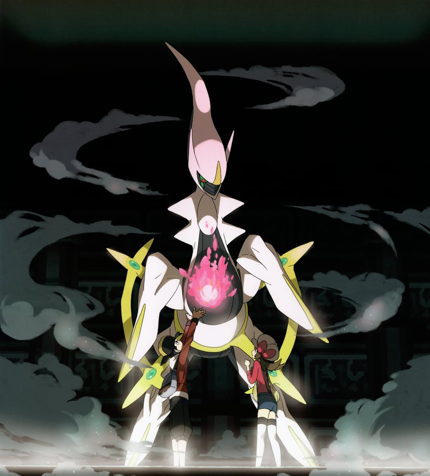 ethan, lyra, and arceus (pokemon and 1 more) drawn by oomura_yuusuke