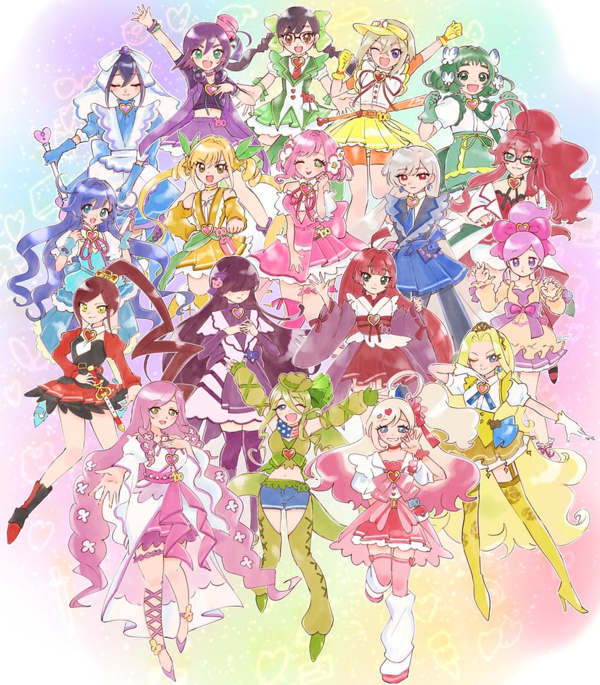 hanazono hakari, inda karane, yoshimoto shizuka, eiai nano, yakuzen kusuri, and 13 more (precure and 1 more) drawn by oyomidtarumi