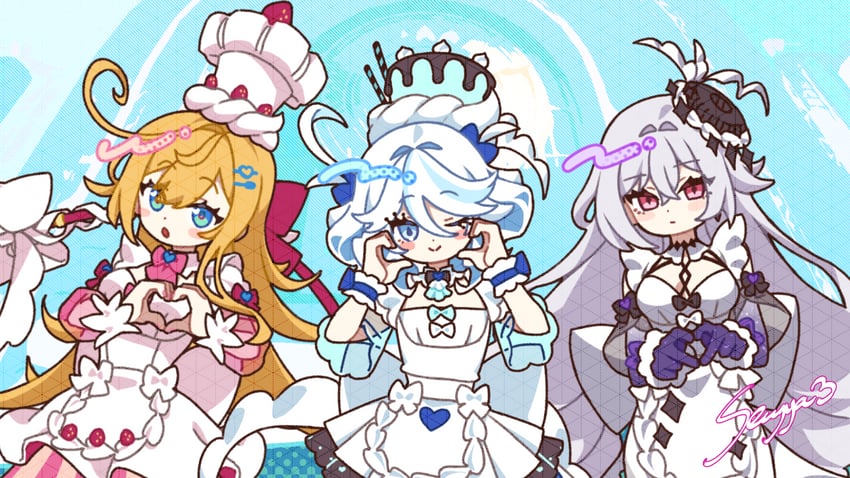 furina, skirk, and escoffier (genshin impact) drawn by ice_s_s_z