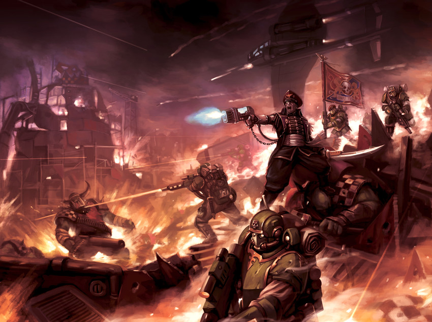 astra militarum, ork, and commissar (warhammer 40k) drawn by okita