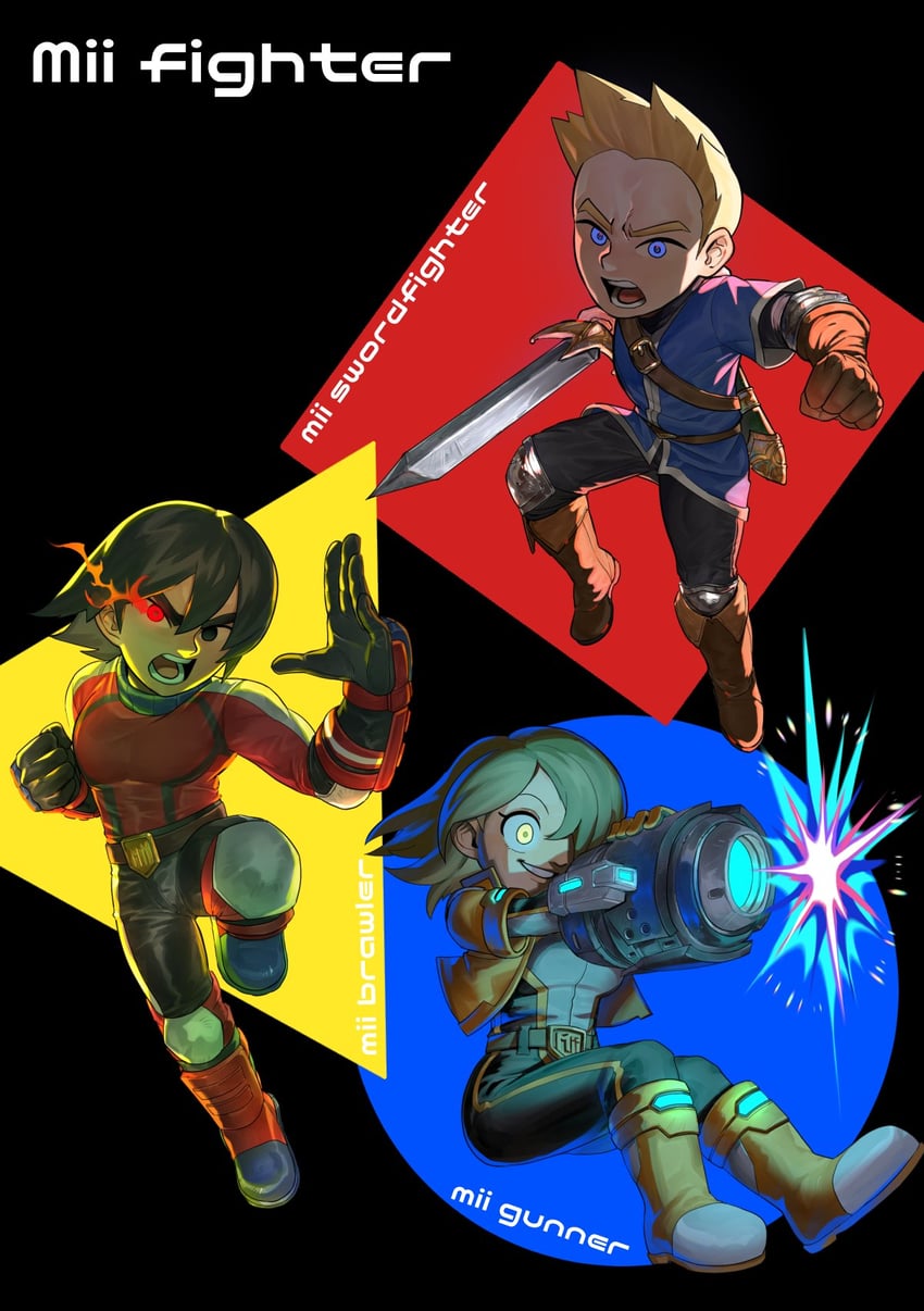 mii gunner, mii brawler, and mii swordfighter (super smash bros.) drawn by dancho_no_mori