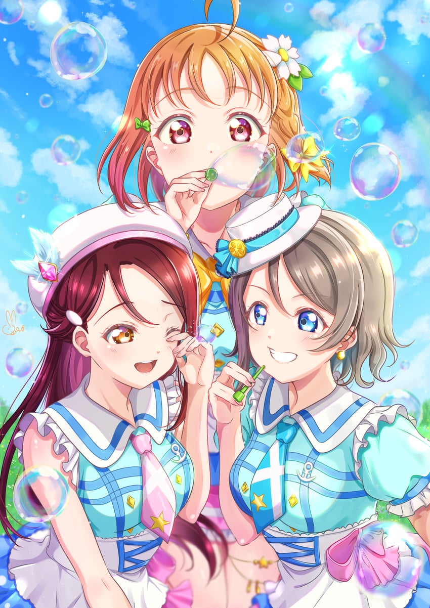 watanabe you, sakurauchi riko, and takami chika (love live! and 1 more) drawn by iroenpitsu_xxx