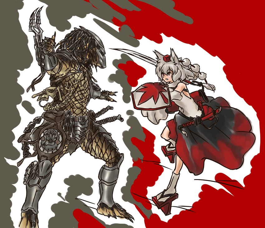 inubashiri momiji and predator (touhou and 1 more) drawn by nameo_(judgemasterkou)
