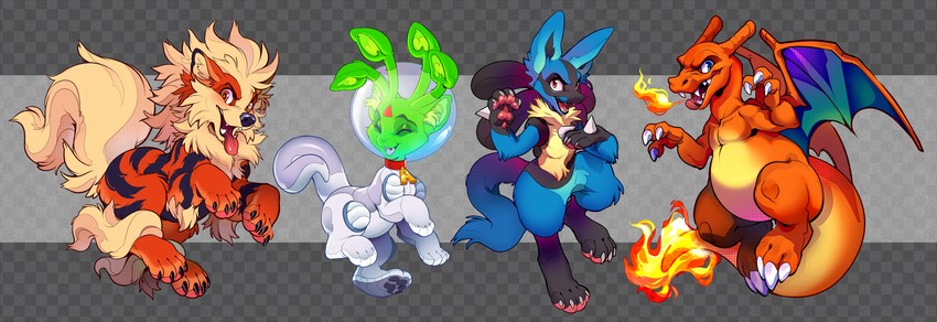 charizard, lucario, arcanine, aisha, and alien aisha (pokemon and 1 more) drawn by vani