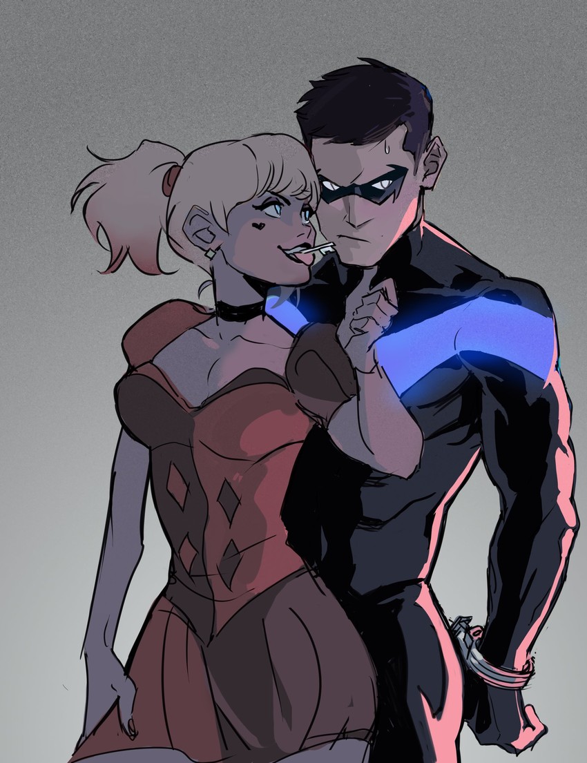 harley quinn, dick grayson, and nightwing (dc comics and 3 more) drawn by gabriel_picolo