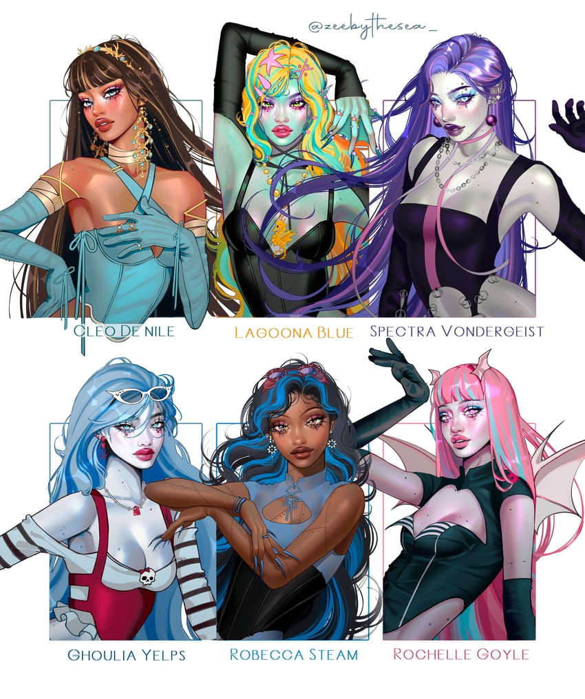 lagoona blue, cleo de nile, ghoulia yelps, spectra vondergeist, rochelle goyle, and 1 more (monster high) drawn by zeebythesea