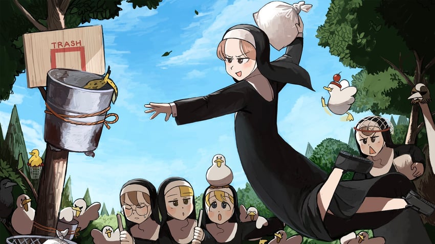 clumsy nun, froggy nun, spicy nun, glasses nun, and hungry nun (little nuns) drawn by diva_(hyxpk)