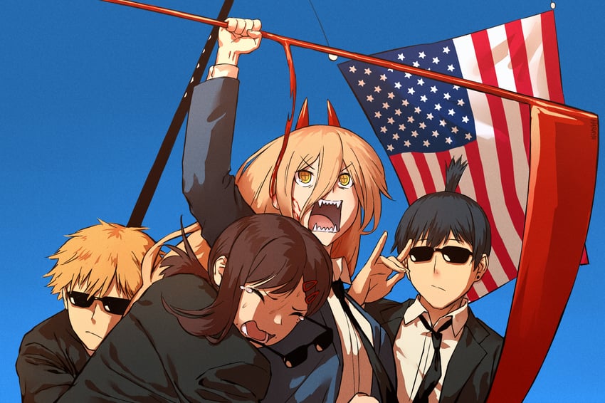 power, denji, higashiyama kobeni, and hayakawa aki (chainsaw man) drawn by haraya_manawari