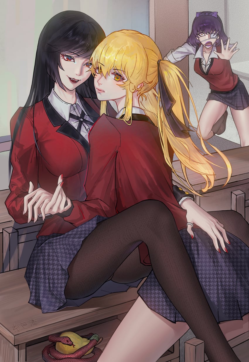 jabami yumeko, saotome mary, and ikishima midari (kakegurui) drawn by miseqi