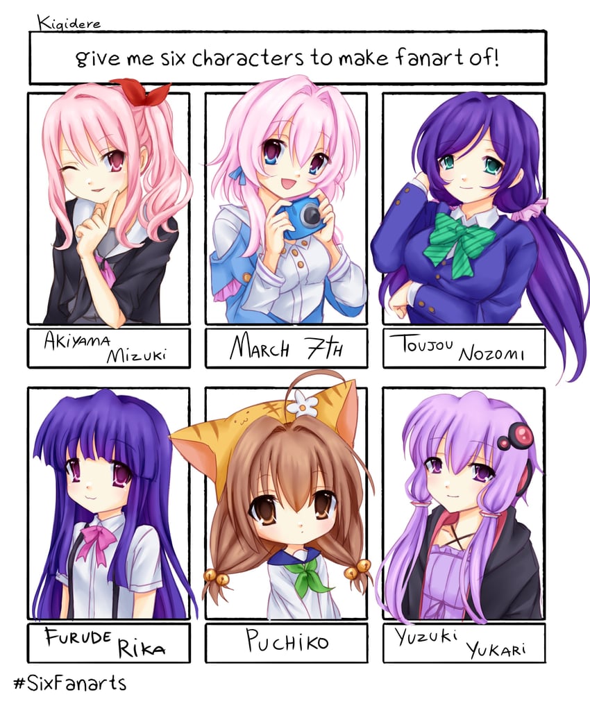 yuzuki yukari, tojo nozomi, march 7th, furude rika, akiyama mizuki, and 1 more (honkai and 7 more) drawn by kigidere