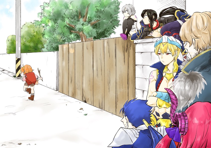fujimaru ritsuka, cu chulainn, jack the ripper, elizabeth bathory, gilgamesh, and 2 more (fate and 5 more) drawn by kashiyama