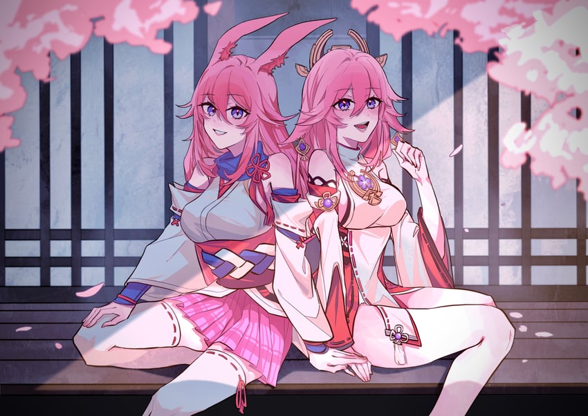 yae miko, yae sakura, and sakura ayane (genshin impact and 3 more) drawn by kile_chou
