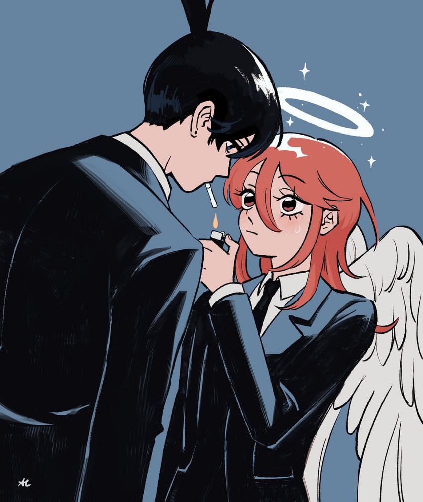 hayakawa aki and angel devil (chainsaw man) drawn by lodrws