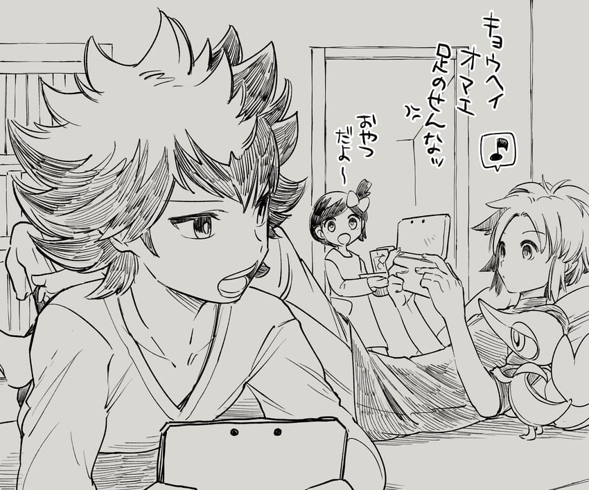 snivy, nate, hugh, and hugh's sister (pokemon and 1 more) drawn by yo_mo