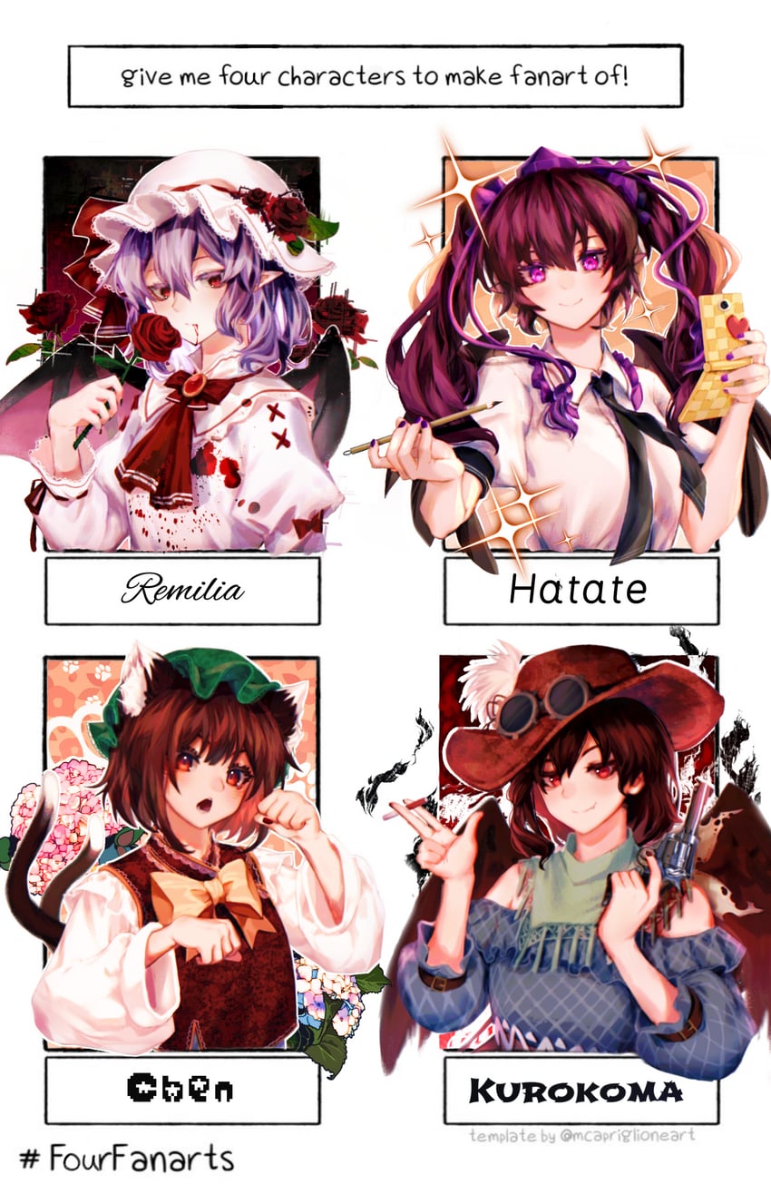 remilia scarlet, chen, himekaidou hatate, and kurokoma saki (touhou) drawn by xiaotianeveryday