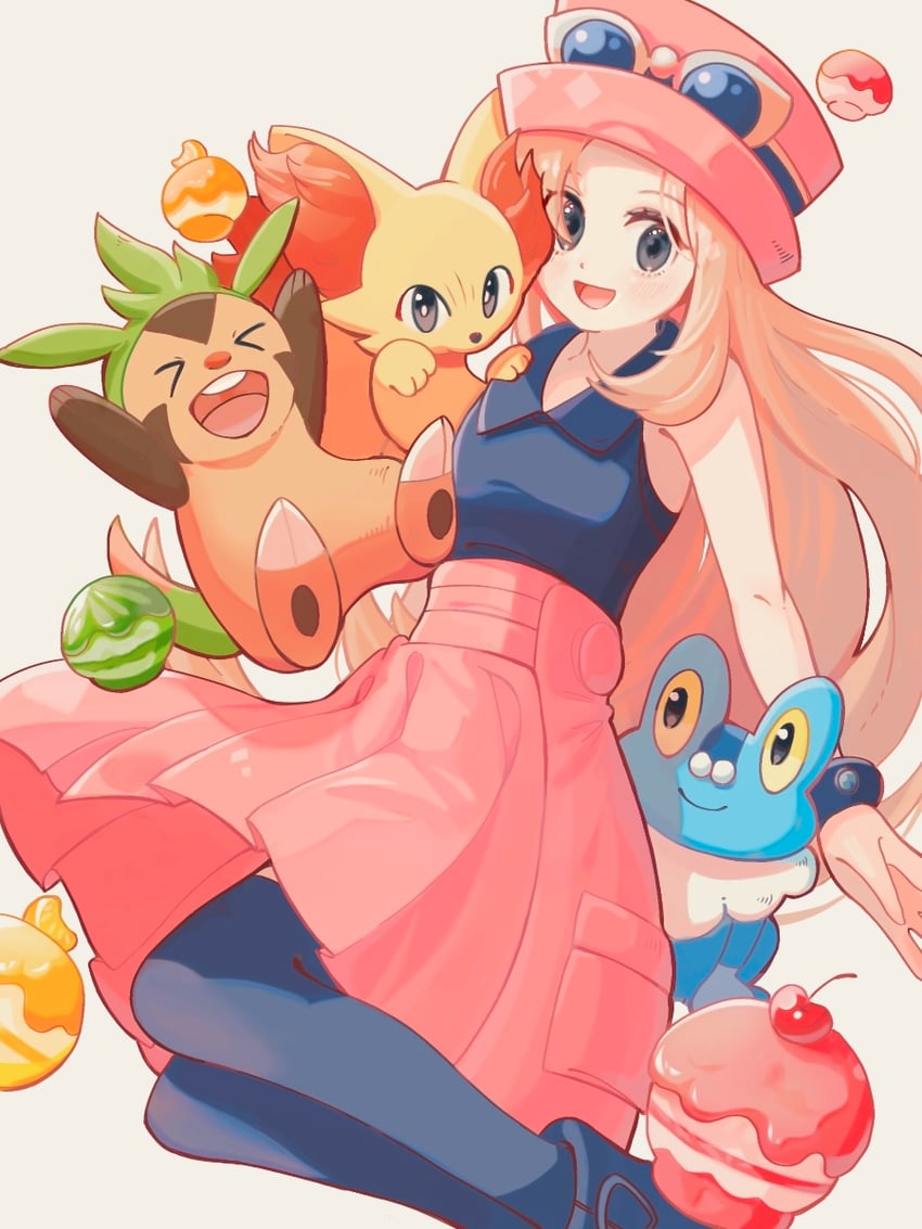 serena, fennekin, chespin, and froakie (pokemon and 1 more) drawn by harumomo_(@harumomo123456)