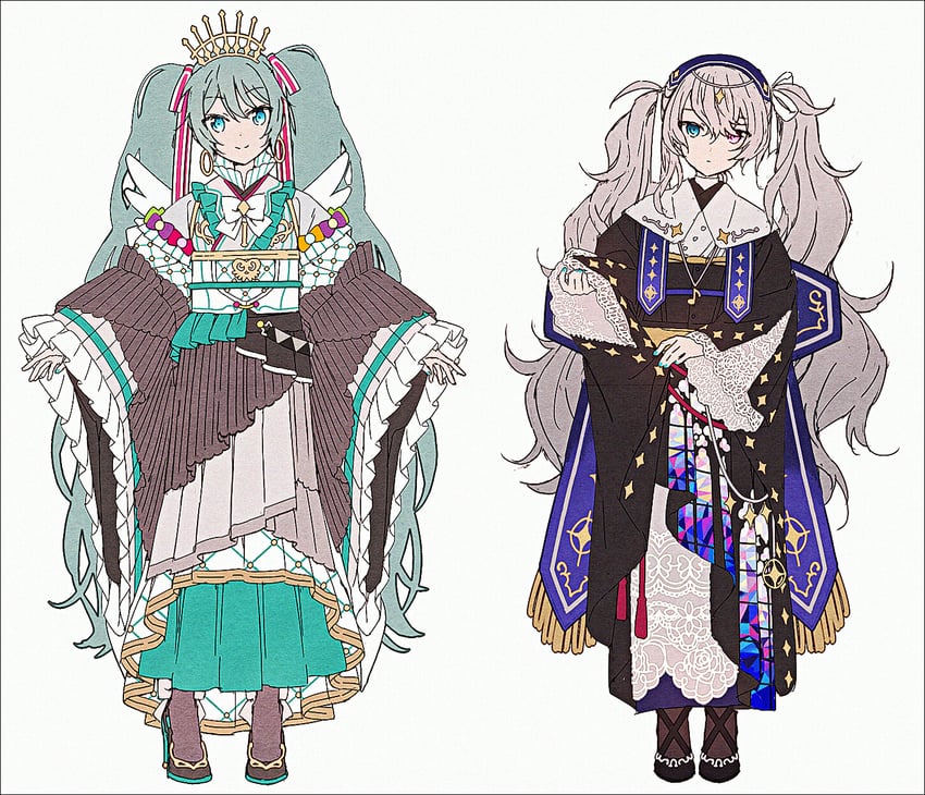 hatsune miku and 25-ji miku (vocaloid and 1 more) drawn by hakusai_(tiahszld)