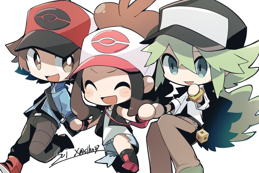 hilda, hilbert, and n (pokemon and 1 more) drawn by clear_2758