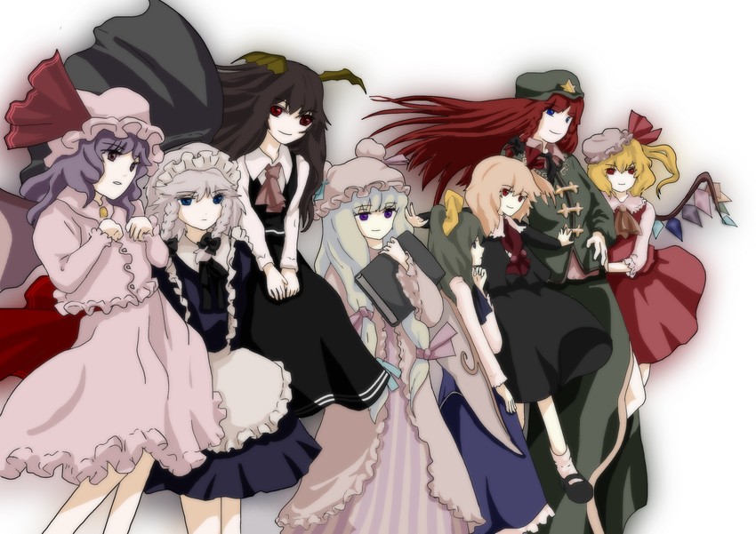 remilia scarlet, flandre scarlet, izayoi sakuya, patchouli knowledge, hong meiling, and 3 more (touhou and 1 more) drawn by kana_tako