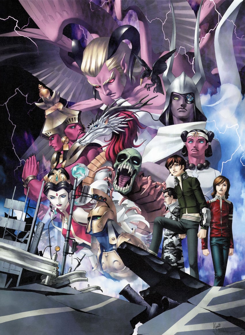 lucifer, kazuya, yuji, takeshi, yatagarasu, and 6 more (shin megami tensei and 1 more) drawn by kazuma_kaneko and shiraishi_megumi_(colorist)