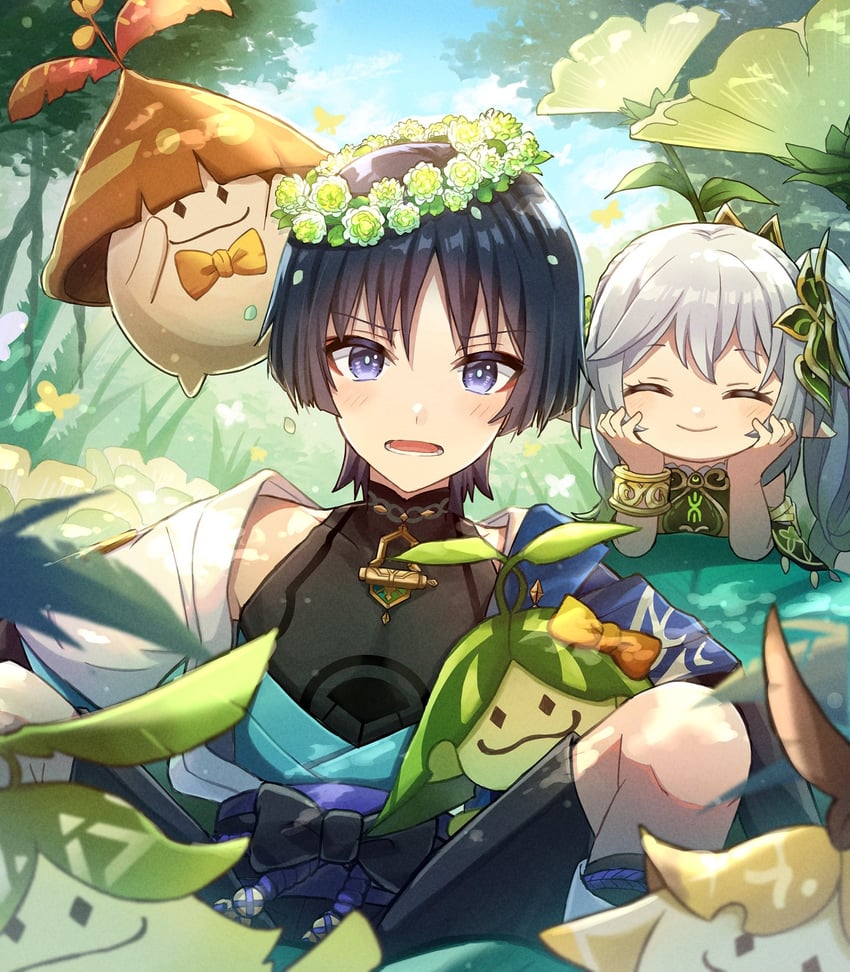 scaramouche, nahida, wanderer, and aranara (genshin impact) drawn by su34ma