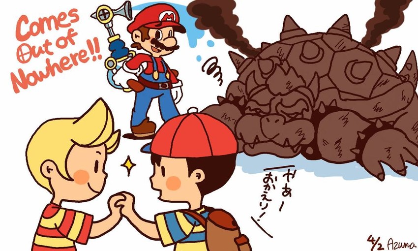 mario, bowser, ness, lucas, and f.l.u.d.d. (mario and 4 more) drawn by azuma_(atu-azuma-ugug)