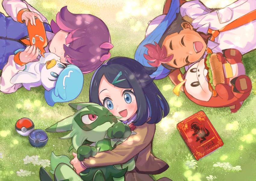 rotom, rotom phone, liko, meowscarada, fuecoco, and 4 more (pokemon and 1 more) drawn by abe_(kumayu)
