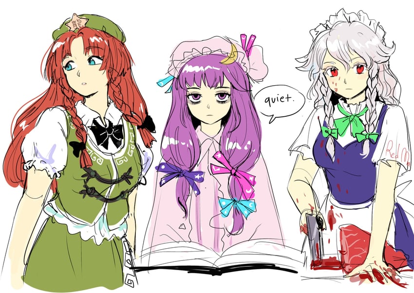 izayoi sakuya, patchouli knowledge, and hong meiling (touhou) drawn by himuhino