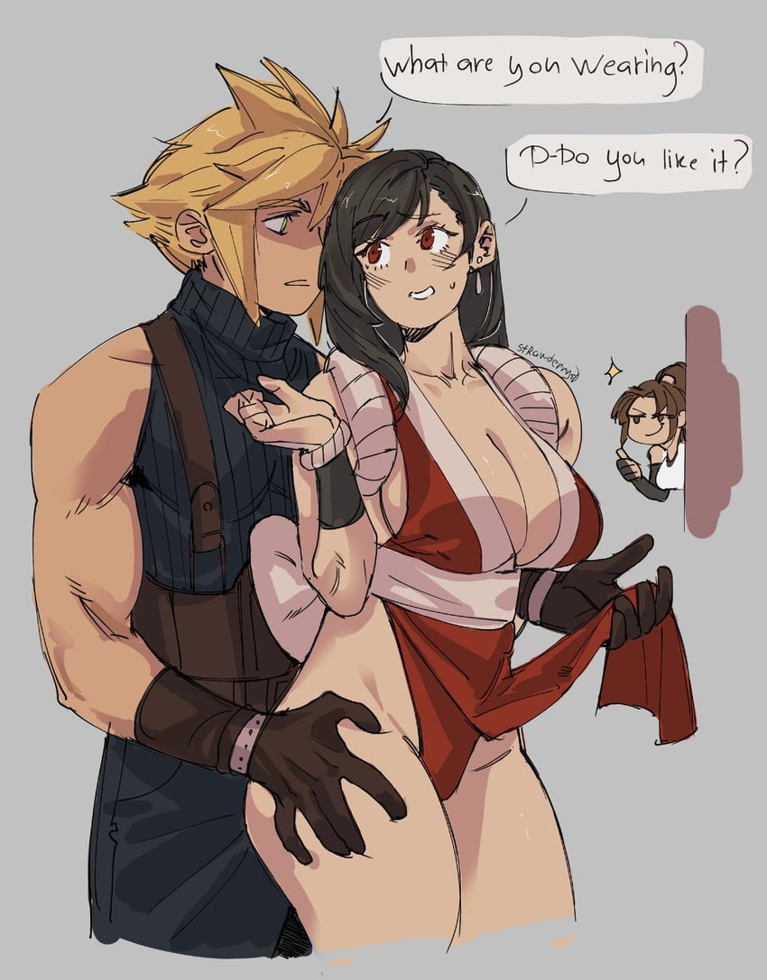 tifa lockhart, cloud strife, and shiranui mai (final fantasy and 5 more) drawn by strawderryst