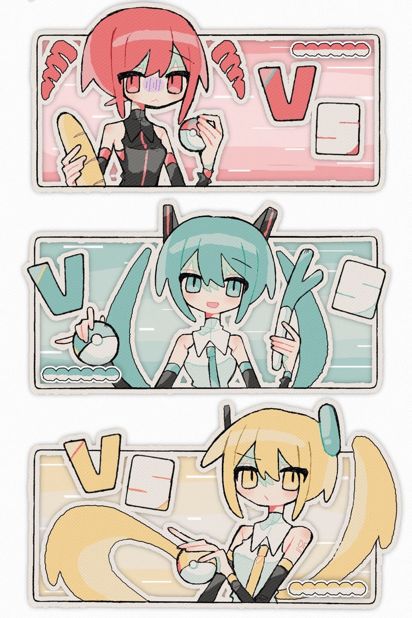 hatsune miku, kasane teto, and akita neru (pokemon and 3 more) drawn by okashira_moppu