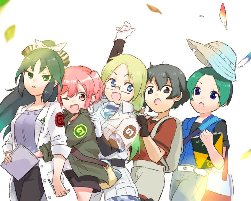 kaban, mirai, kyururu, nana, and kako (kemono friends and 1 more) drawn by moeki_(moeki0329)