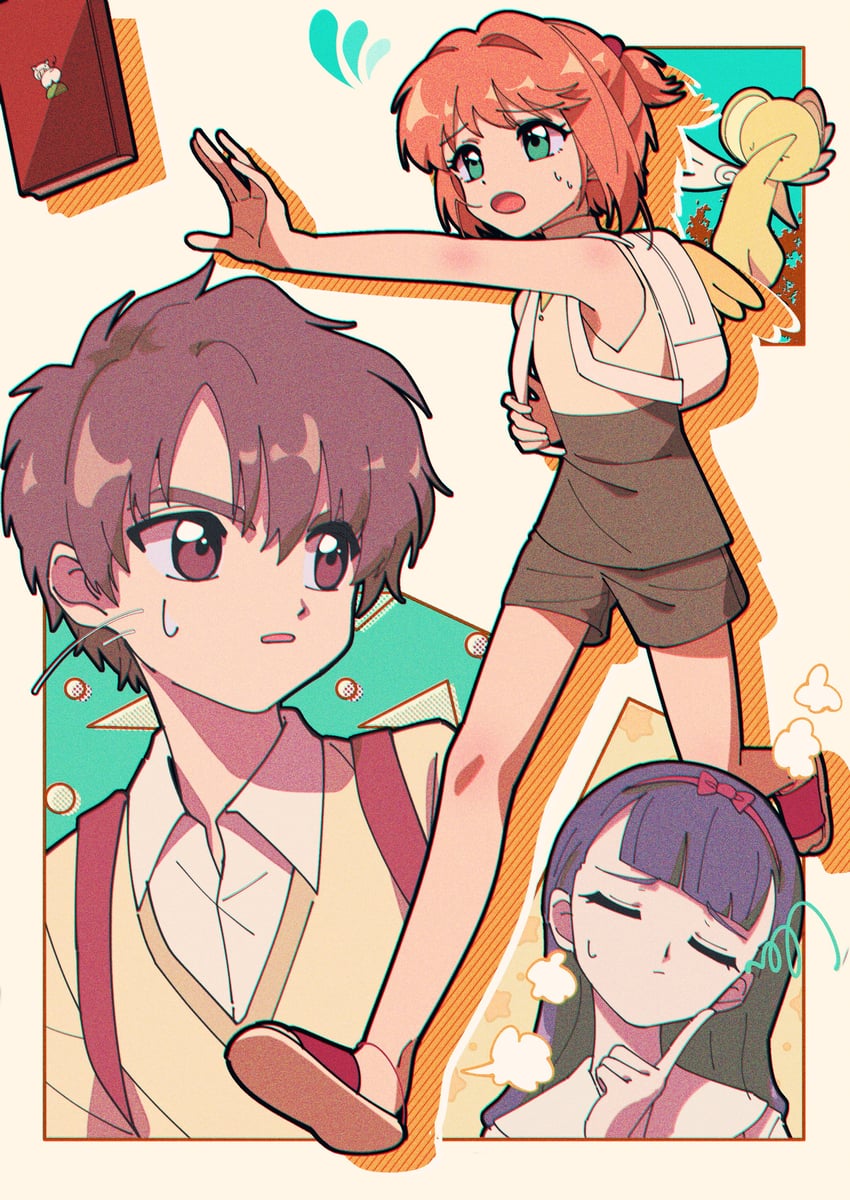 kinomoto sakura, kero, daidouji tomoyo, and li syaoran (cardcaptor sakura) drawn by nzeneee