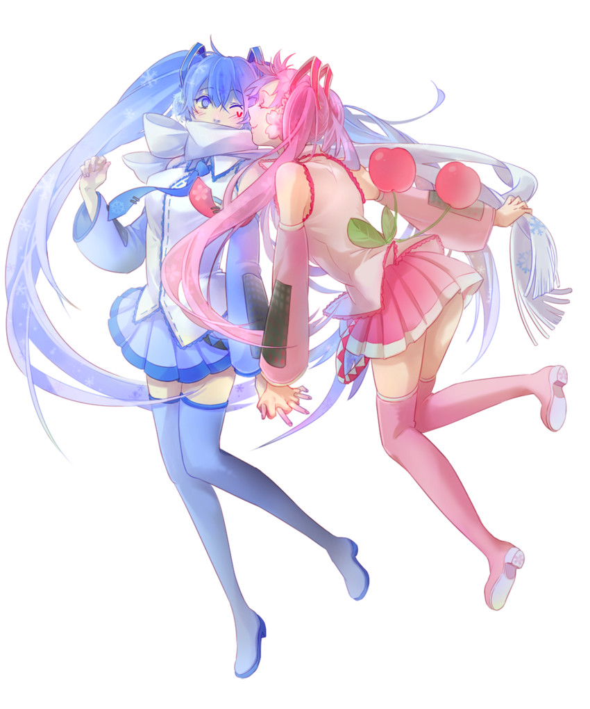 hatsune miku, yuki miku, and sakura miku (vocaloid) drawn by udo_(zzinya)